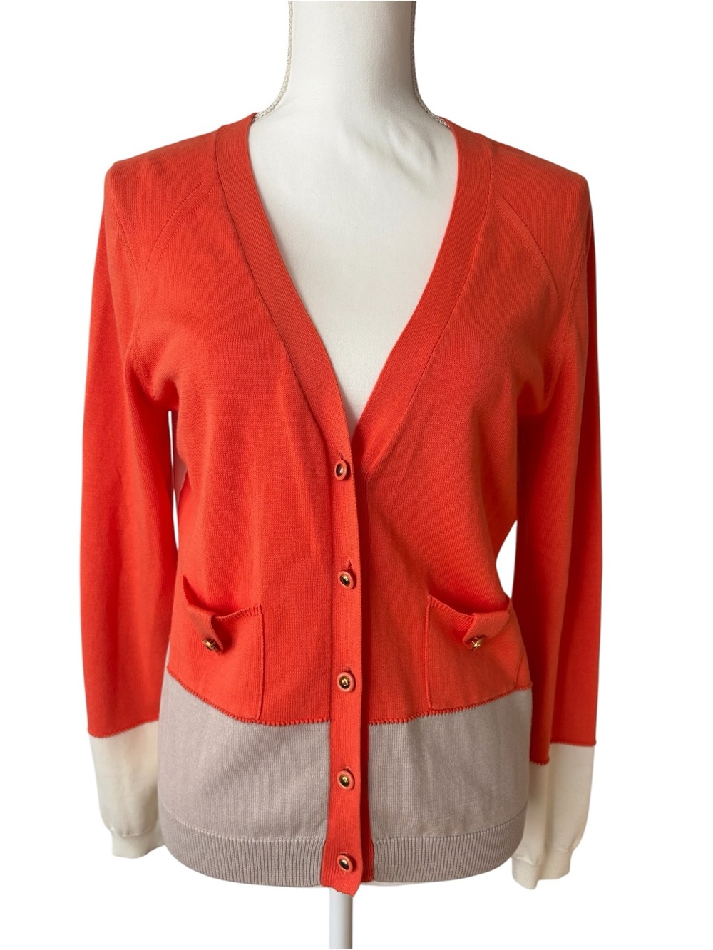 Trina Turk Colorblock V-Neck Cardigan Sweater Large Orange Tan Gold Button